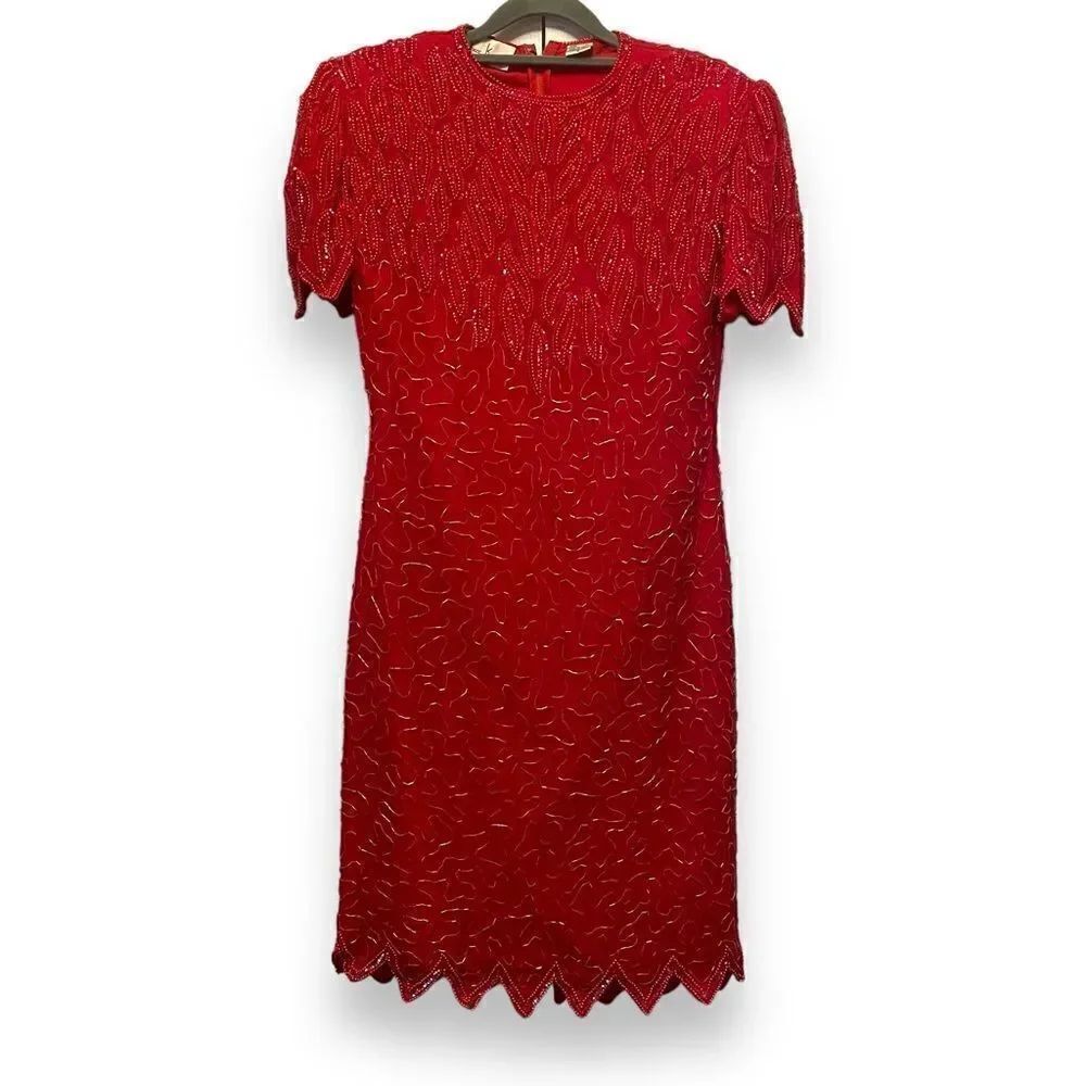 Vintage Laurence Kazar Red Beaded Silk Dress